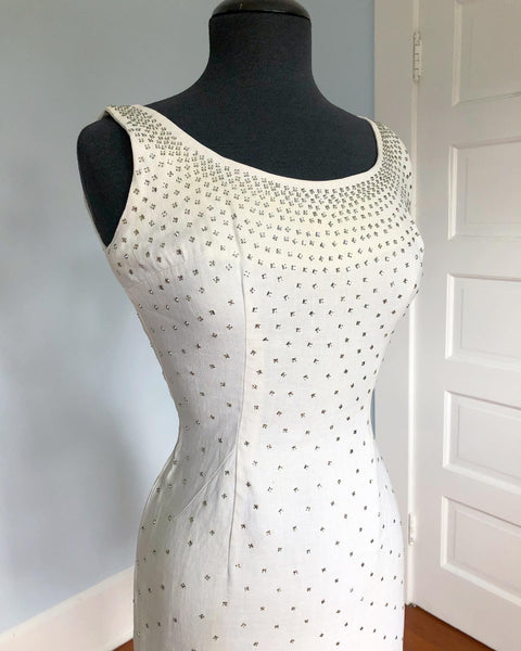 1950s White Linen Extreme Hourglass Wiggle Cocktail Dress Covered in Crystal Rhinestones by "Parnes Feinstein"