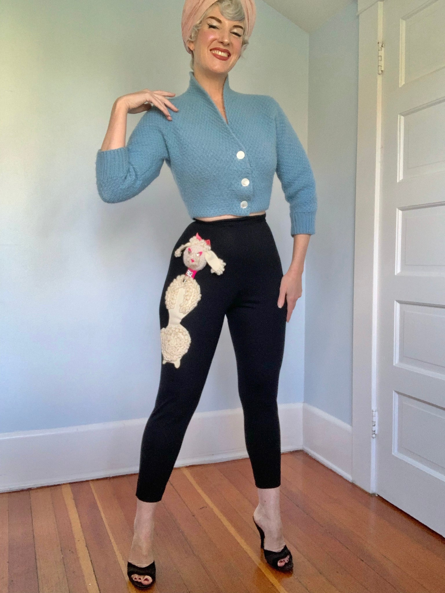 Deadstock 1950s Wool Jersey High Waisted Cigarette Pants w/ Hand Embellished Poodle by “Originals by Margie Webb”