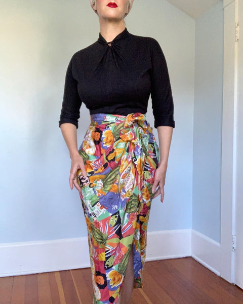 1980s Matisse Art Novelty Print Rayon Wrap Sarong Pencil Skirt by "Karen Alexander"