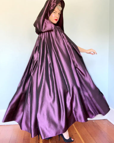 Custom Made 1970s Iridescent Amethyst Silk Taffeta Dramatic Cape with Huge Hood