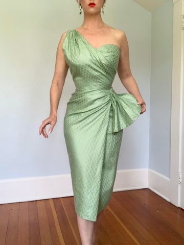 Late 1940s Polished Cotton Faux Sarong Cocktail Dress by “Barnett Originals California”