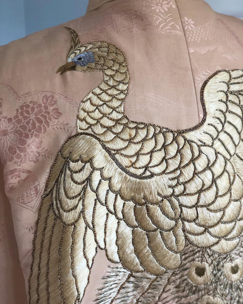 Phenomenal 1940s Japanese Hand Embroidered Silk Cape w/ Huge White Peacock