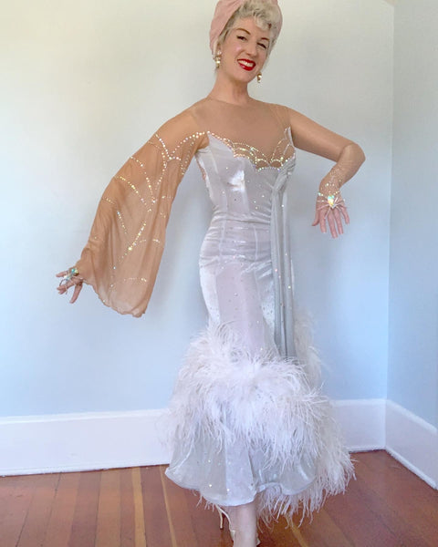 Custom Made 1970s Aurora Borealis Spiderweb Motif Ballroom Dancer Dress with Ostrich Feathers