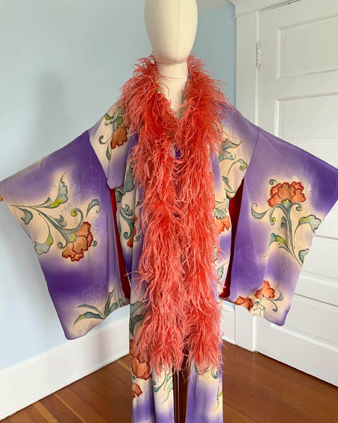 1930s Hand Painted Japanese Silk Kimono with Ostrich Feather Boa Trim