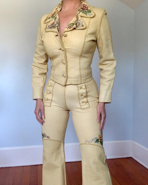 RARE 1960s / 1970s Early "North Beach Leather" Handmade & Hand Painted Deerskin Suit - Signed