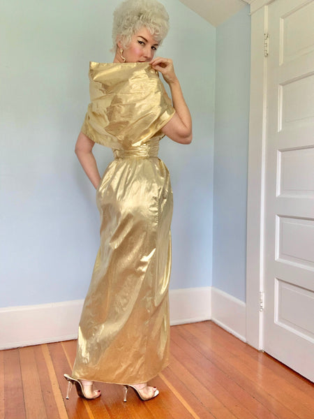 1980s does 1940s Glamour Metallic Gold Liquid Lamé Strapless Evening Gown w/ Detachable Wrap