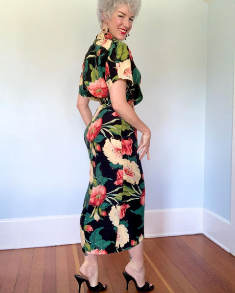 1980s does 1940s “Karen Alexander” Cold Rayon Draped Sarong Dress