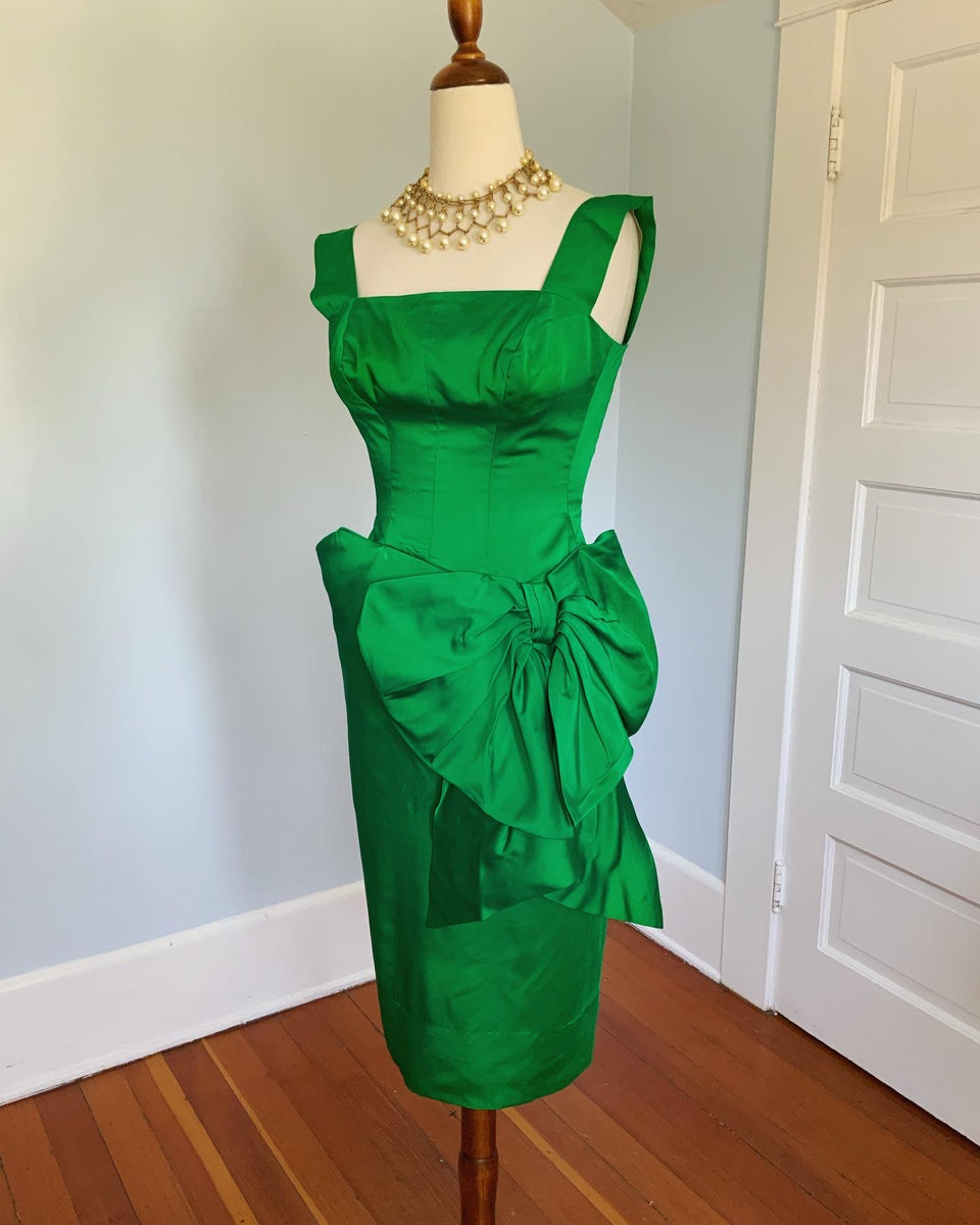 1950s Emerald Liquid Satin Custom Made Cocktail Dress by 