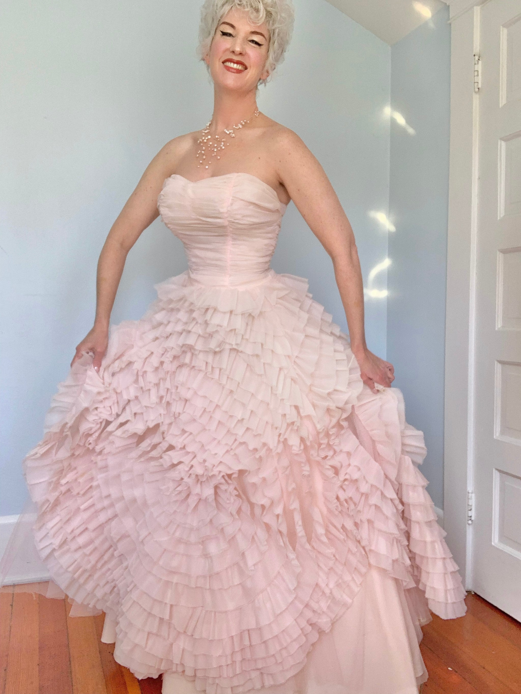 Dior Inspired 1950s Blush Pink Chiffon Evening Gown for “Hafter's of S – butchwaxvintage