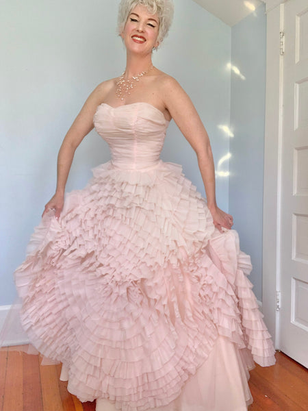 Dior Inspired 1950s Blush Pink Chiffon Evening Gown for “Hafter’s of San Diego”