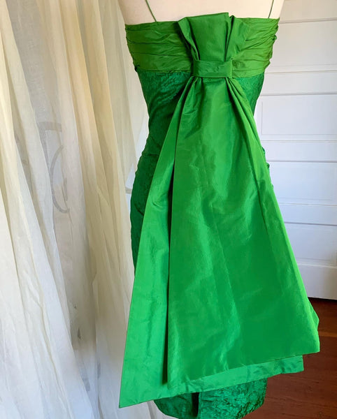 Couture 1950s Draped Silk Brocade Hourglass Cocktail Dress with Obi Style Draped Back Bow