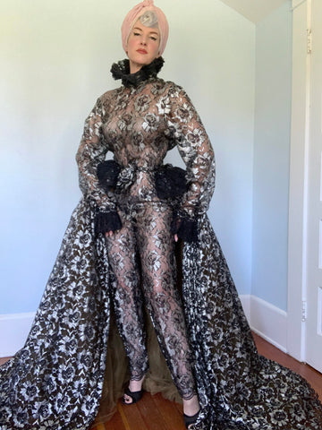 Custom Made Lace Jumpsuit with Over-Skirt / Cape