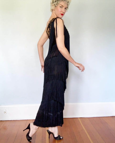French Couture 1960s Silk Jersey One Shoulder Fully Fringed Hourglass Evening Gown with Sequined Bodice