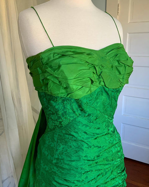 Couture 1950s Draped Silk Brocade Hourglass Cocktail Dress with Obi Style Draped Back Bow