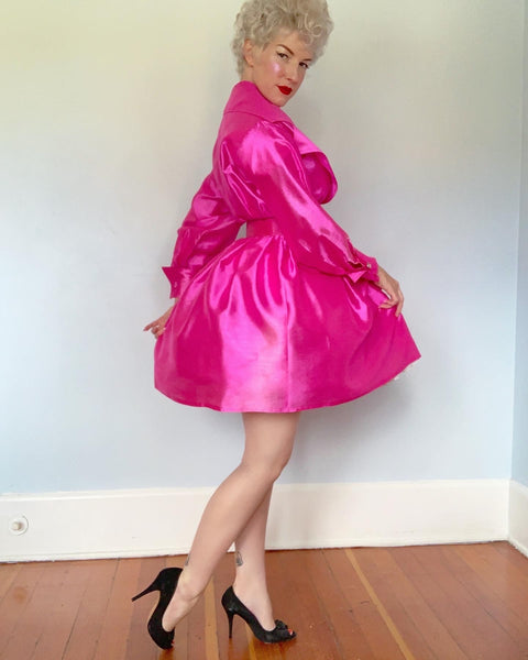1980s Hot Pink Raw Silk Princess Coat with Belt by "En Francais by Huey Waltzer"