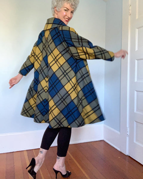 Late 1950s Mondrian Style Plaid Wool Extreme Trapeze Coat by "Cuddle Coat of New York & Montreal"