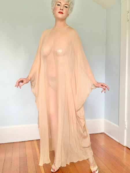1960s Nude Sheer Silk Chiffon Handmade Caftan