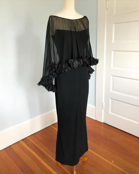 Late 1950s Rayon and Silk Chiffon Hourglass Gown w/ Attached Cape