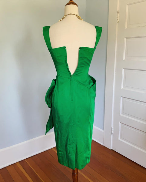 1950s Emerald Liquid Satin Custom Made Cocktail Dress by "Nikki's of Hollywood"