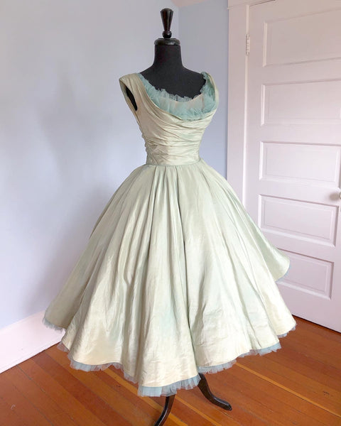 1950s Designer "Ceil Chapman" Seafoam Green Iridescent Silk with Tulle Ruffles Party Dress