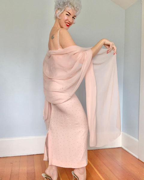 1950s Silk Chiffon Aurora Borealis Evening Gown w/ Shawl