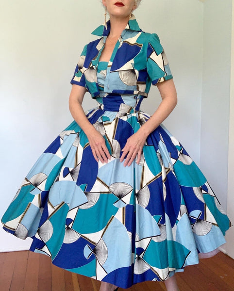 1950s Hand-printed "Alfred Shaheen Honolulu" Fan Print Circle Skirt Sundress & Bolero