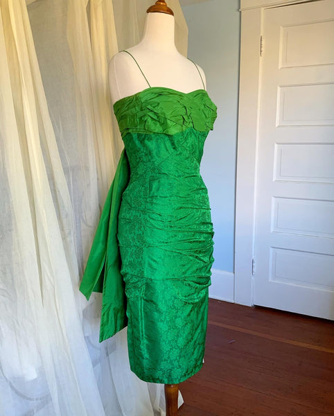 Couture 1950s Draped Silk Brocade Hourglass Cocktail Dress with Obi Style Draped Back Bow