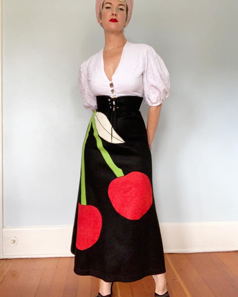 1970s Wool Felt Maxi Skirt with Huge Cherries Applique & Lace Up Corset Waist by "Trivia by Charm of Hollywood"