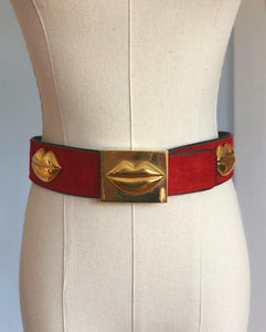 1980s "Escada" Dali Style Gold Metal Lips Waist Cinching Suede Belt