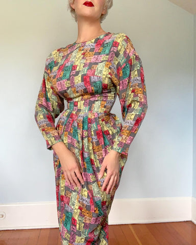 1990s does 1940s Designer "Nicole Miller" Silk New York City Ticket Stubs Novelty Print Cocktail Dress