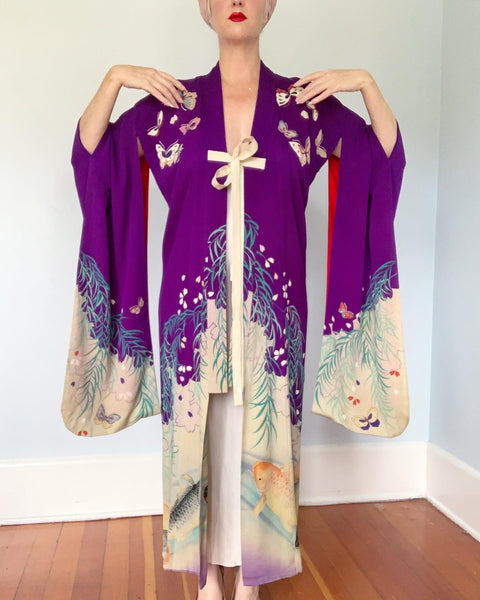 1940s Japanese Silk Handmade Hand Painted Furisode Kimono Robe with Koi Fish
