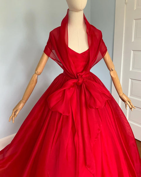 Couture 1970s Lipstick Red Silk Gazar Evening Gown with Huge Skirt and Matching Long Shawl