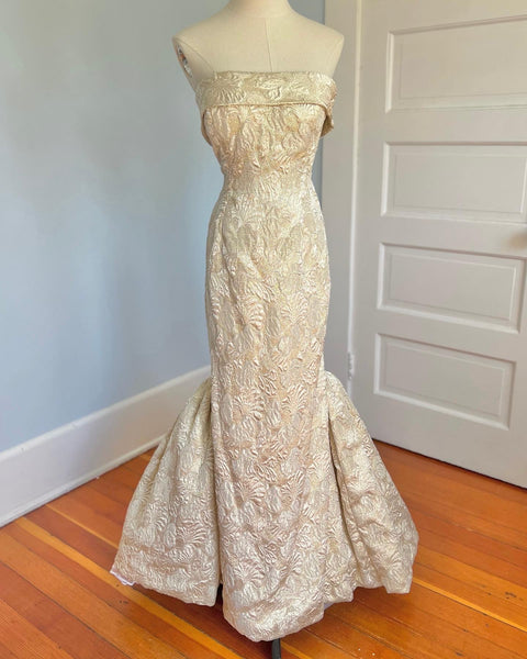 1980s does 1950s Metallic Gold Brocade Evening Gown by “Victor Costa”
