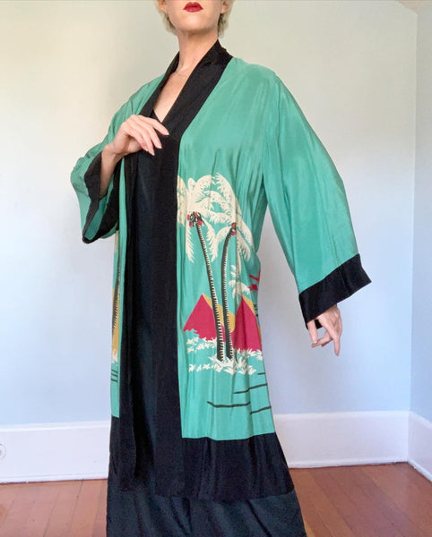 Rare 1920s Silk Lounging Jacket / Robe with Hand Printed Egyptian Revival Motif