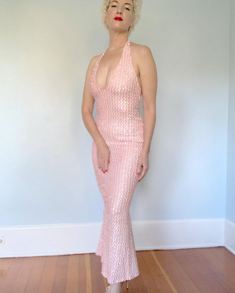 1970s does 1950s Bombshell Pink Lurex with Iridescent Sequins Halter Mermaid Gown