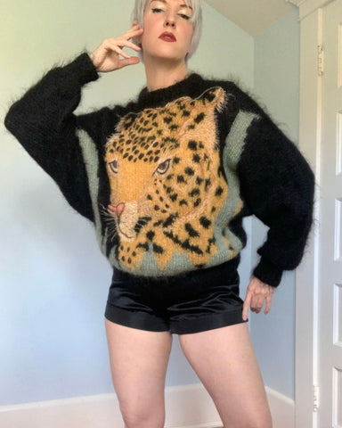 Designer 1980s Hand Knit Mohair Leopard Face Sweater by “Brigid Foley”