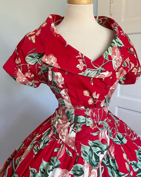 1980s does 1950s Polished Cotton Party Dress w/ Belt