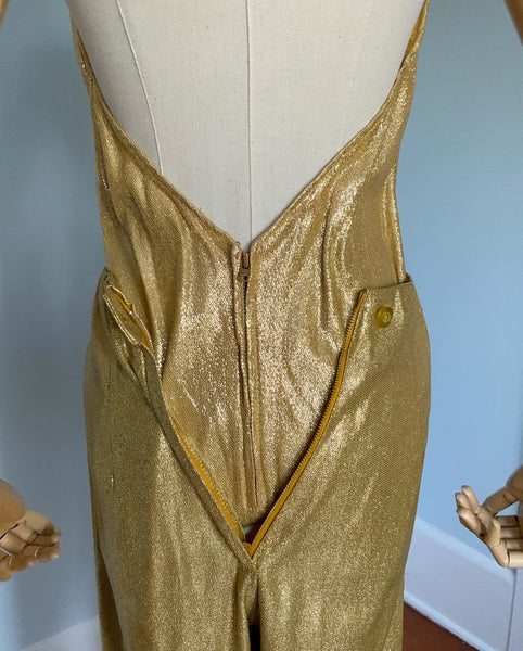 Bombshell 1950s Metallic Gold Stretch Lame' 2 Piece Ensemble: Bodysuit & High Waisted Cigarette Pants