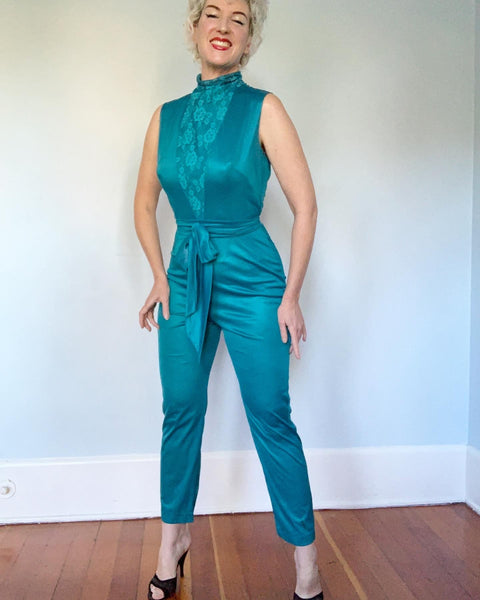 1960s Sex Kitten Nylon Jersey Hourglass Lounging Jumpsuit with Tie Belt by "Jer Marai"