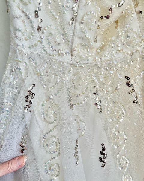 1950s Designer “Kay Selig New York” Hand Sequined Bridal Dress w/ Veil