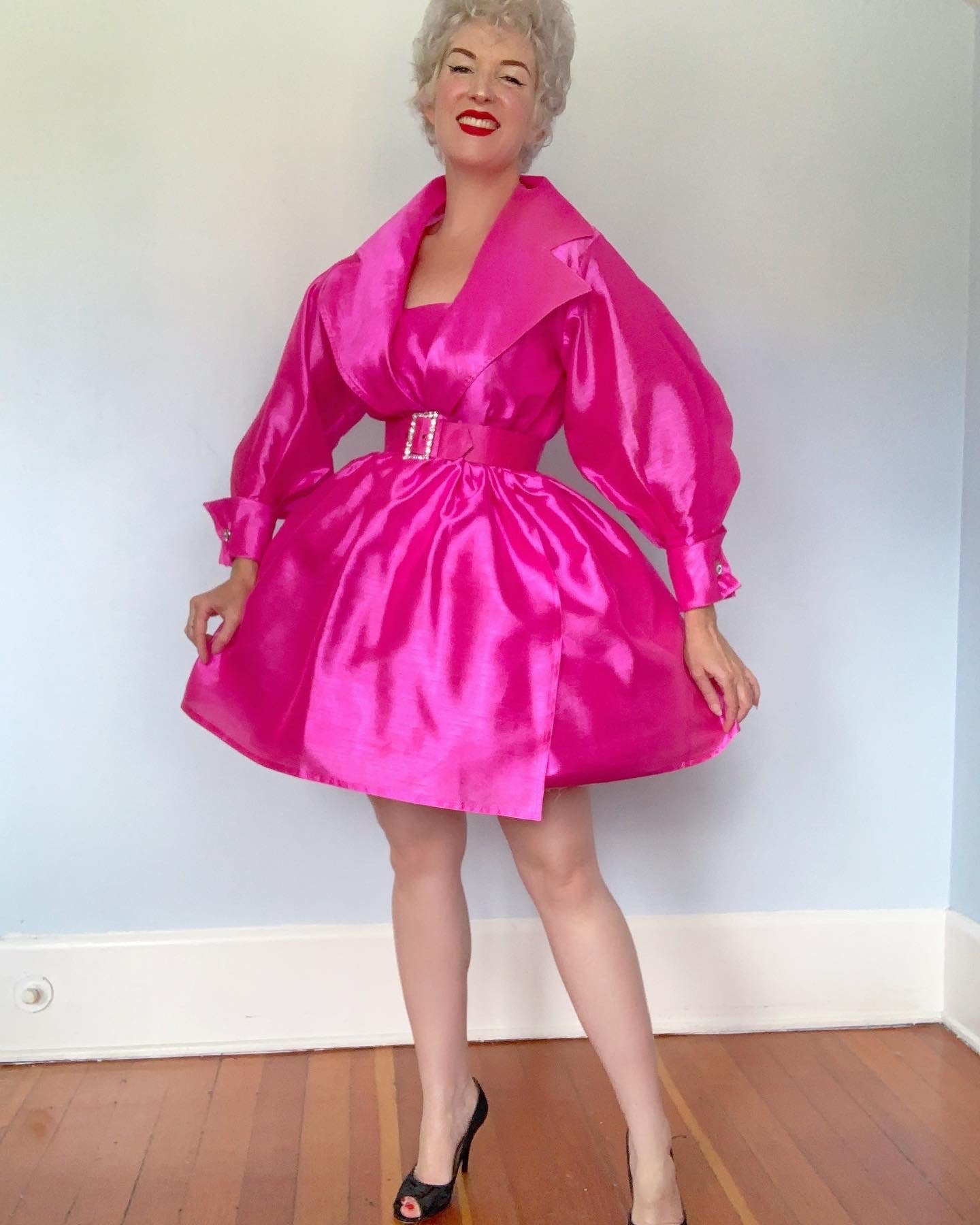 1980s Hot Pink Raw Silk Princess Coat with Belt by "En Francais by Huey Waltzer"