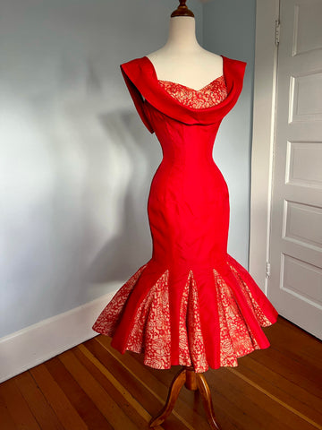 1950s “Lilli Diamond” Matte Satin with Lace Cocktail Dress