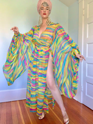 Custom Made 1960s Sheer Psychedelic Chiffon Gown w/ Huge Lantern Sleeves