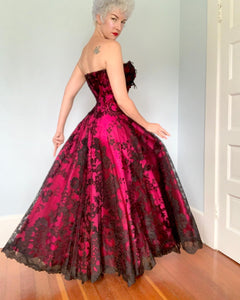 1950s Custom Made Hottest Pink Silk with Lace Overlay Evening Gown