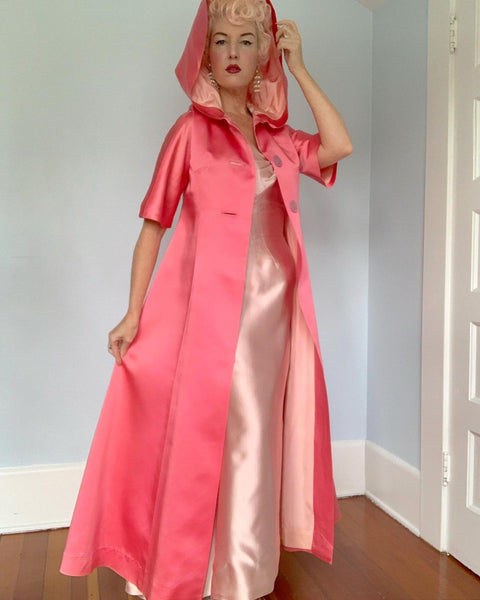 1940s "David Hart Inc." Silk Satin Evening Gown & 1960s Custom Satin Maxi Hooded Princess Coat