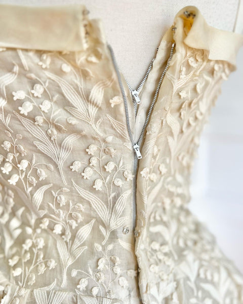 “Christian Dior Boutique Paris” 1950s Silk Organza Embroidered Lily of the Valley Party Dress
