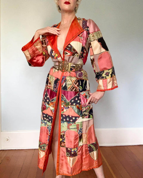 1940s Handmade One of a Kind "Crazy Quilt" Dressing Gown / Robe / Long Jacket