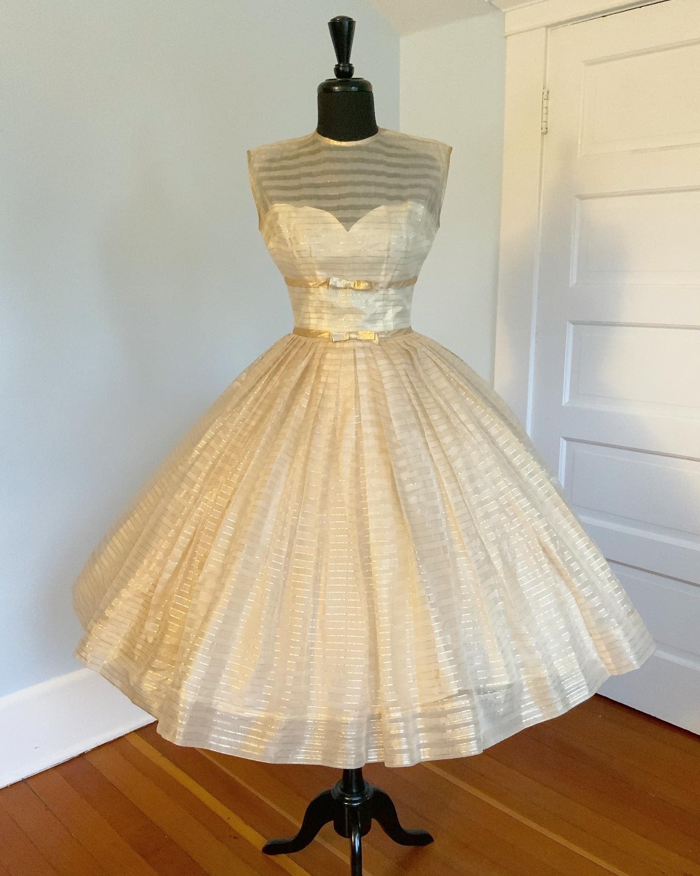 1950s Sheer Silk Organza with Gold Lurex Stripes Over Satin Illusion Bust Party Dress