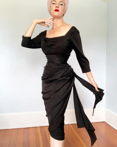 1950s Silk Jersey Draped Cocktail Dress