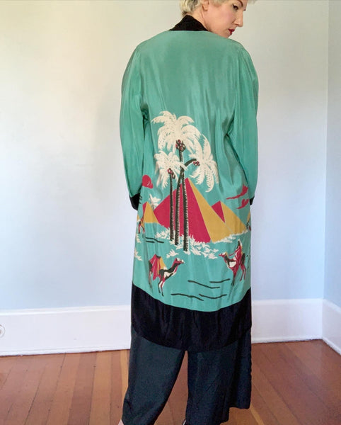 Rare 1920s Silk Lounging Jacket / Robe with Hand Printed Egyptian Revival Motif